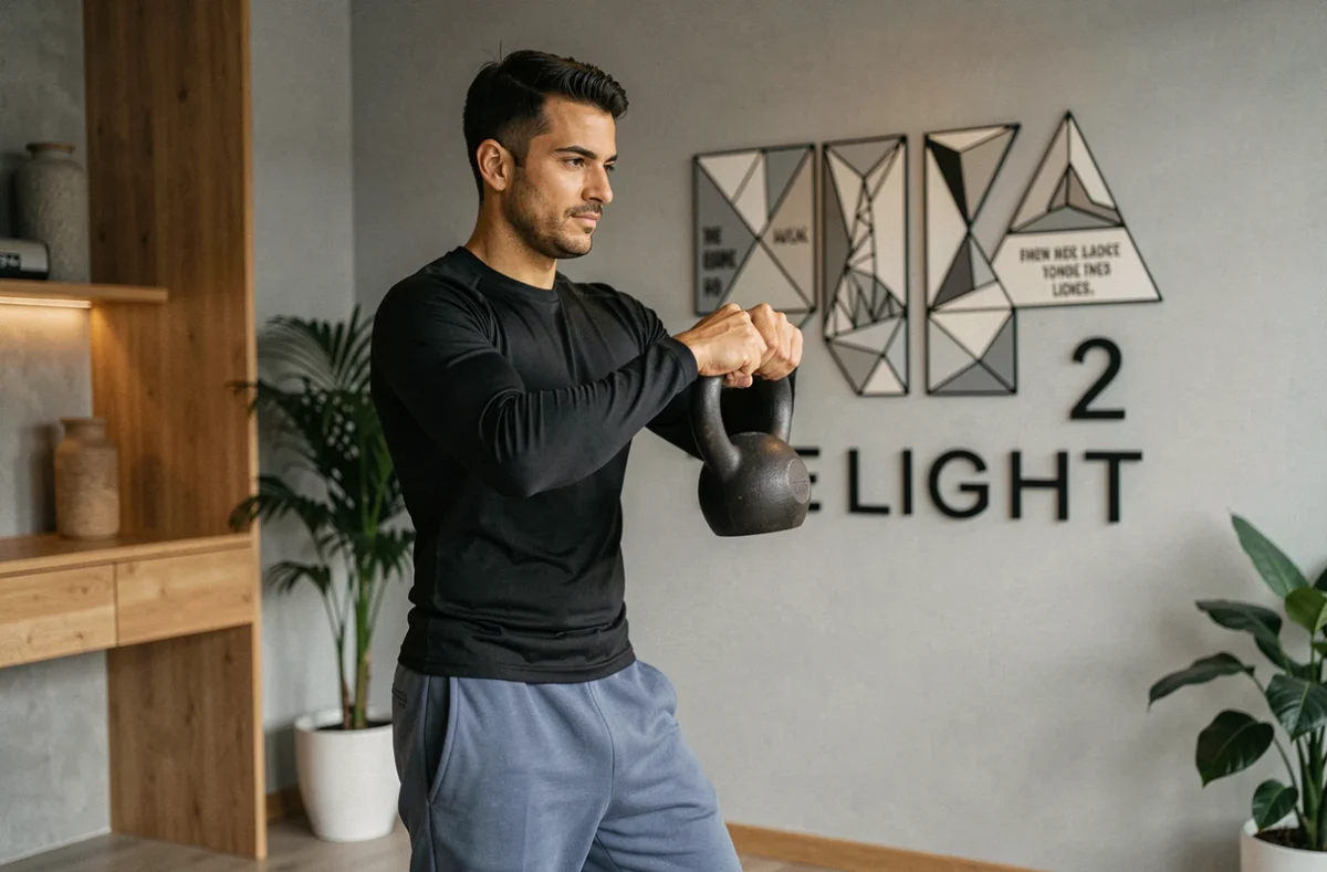 Homme effectuant un swing à la kettlebell dans le studio 2 The Light, ambiance wellness moderne et épurée