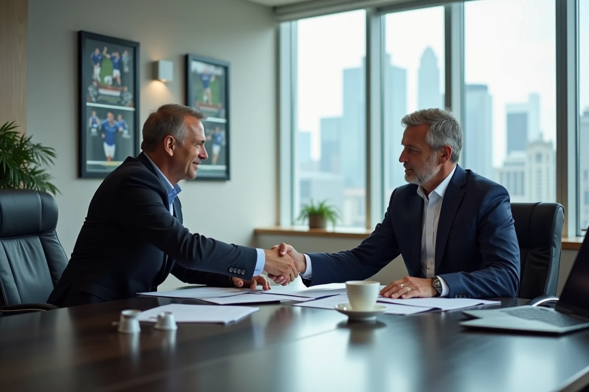 Deux dirigeants de fédérations de catch signant un accord commercial dans une salle de réunion, symbolisant le partenariat WWE et TNA