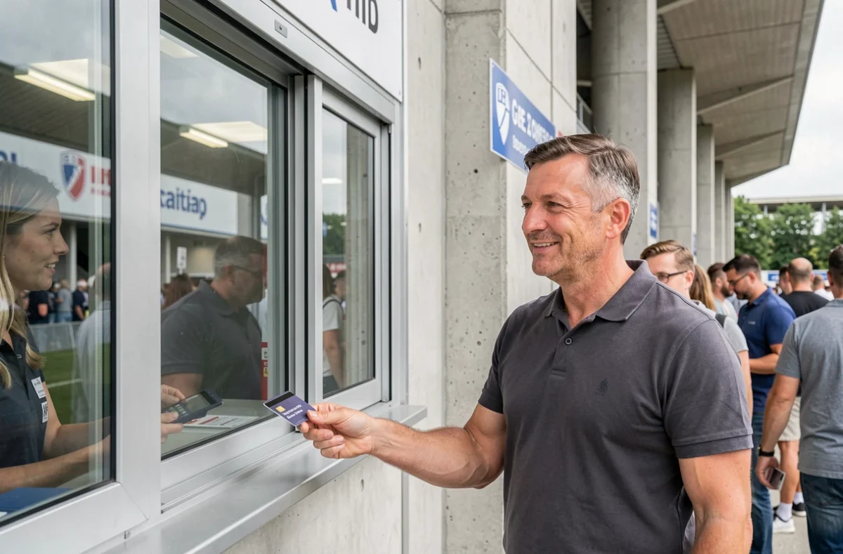 Homme achetant des billets PFC au guichet officiel du stade en présentiel