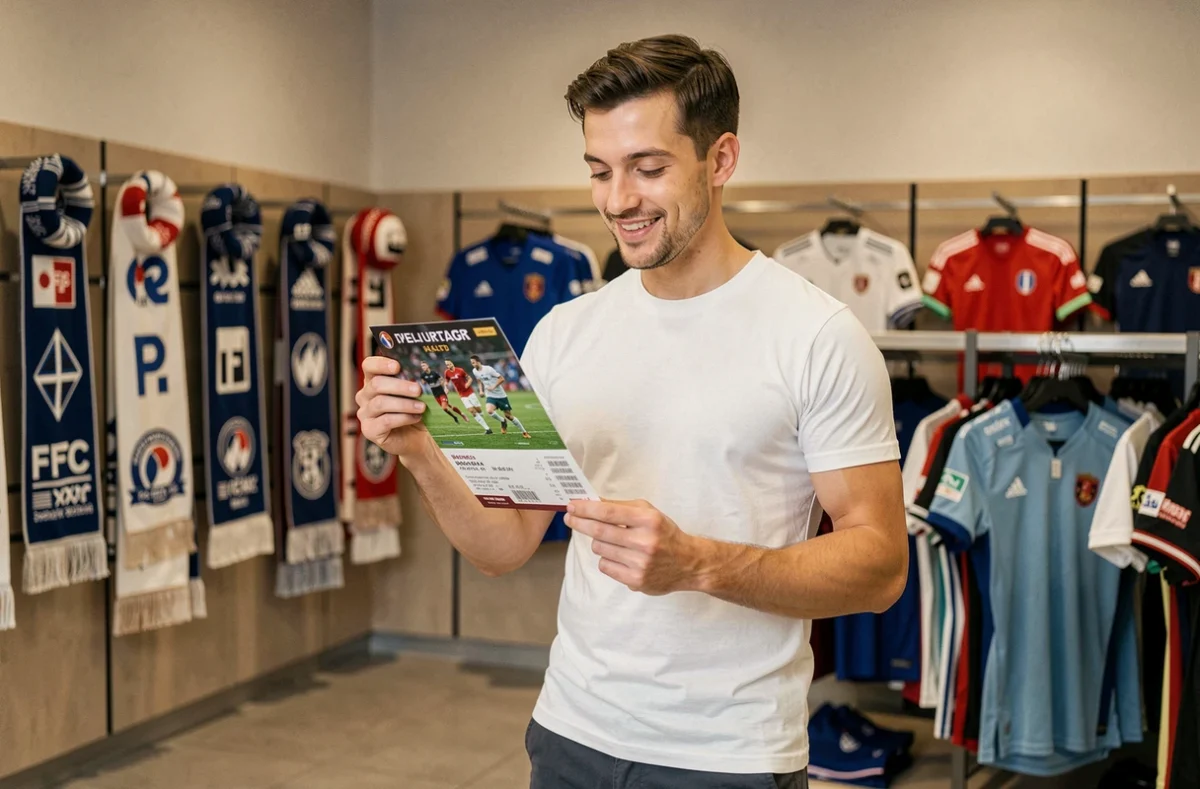 Jeune homme tenant un billet PFC acheté chez un revendeur officiel en magasin de sport