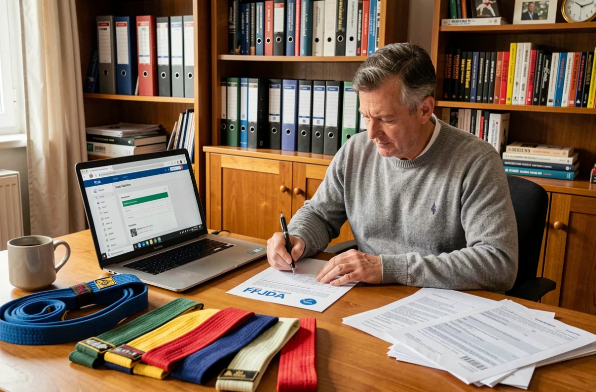 Administrateur de club judo remplissant un formulaire de validation de grades FFJDA à son bureau à domicile avec ceintures et ordinateur