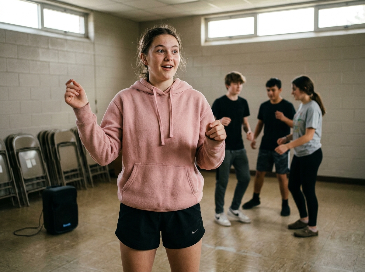 Adolescente en cours de danse communautaire exprimant fierté et confiance en apprenant une chorégraphie en groupe
