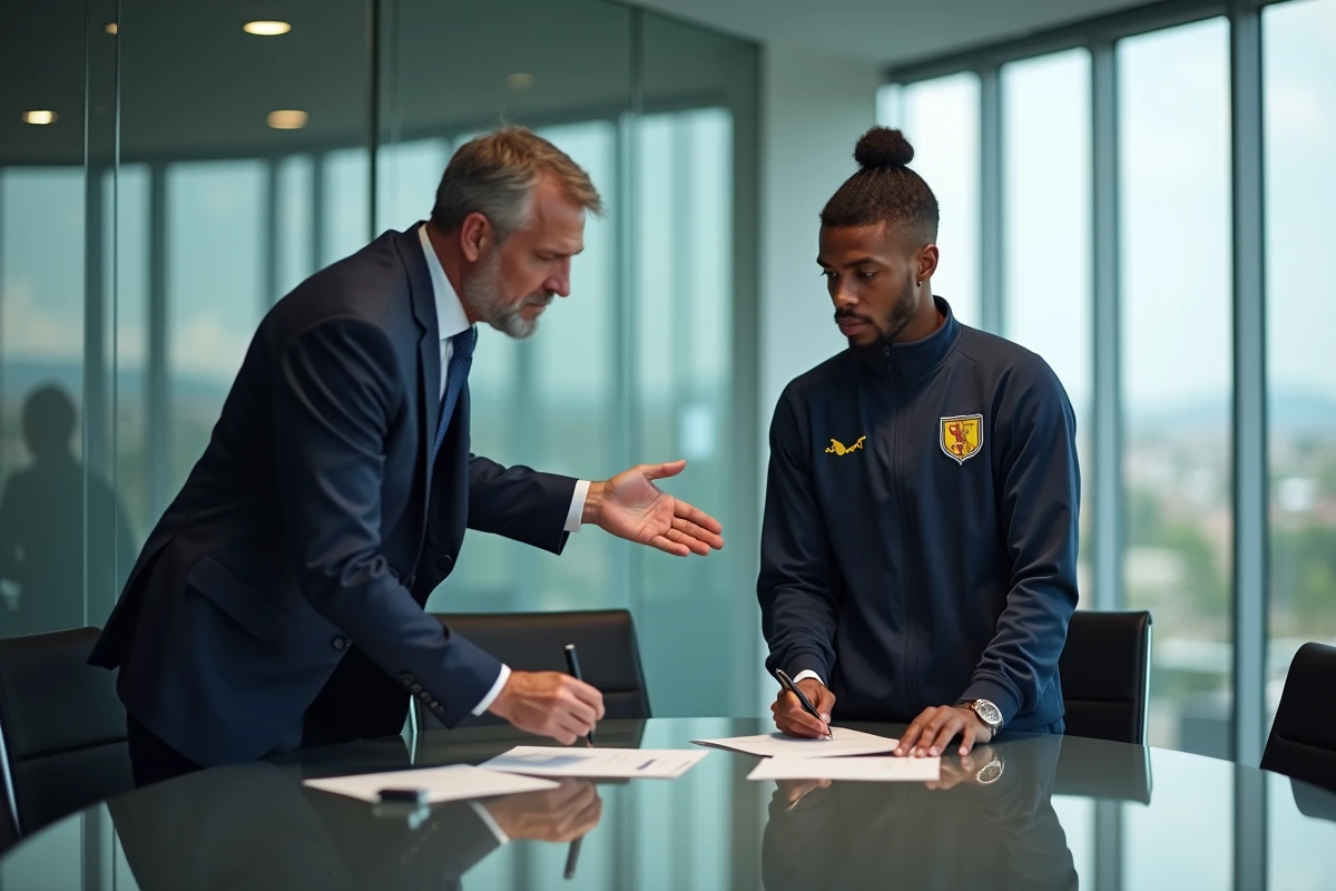 Agent de football en costume avec un jeune joueur dans un bureau moderne