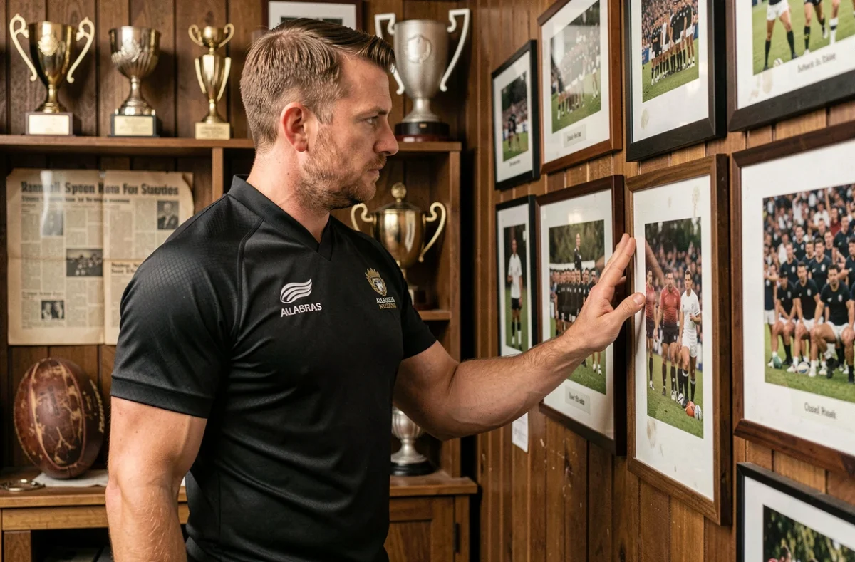 Joueur All Blacks dans une salle de mémoire rugby entourée de photos historiques, évoquant les gloires oubliées du rugby néo-zélandais