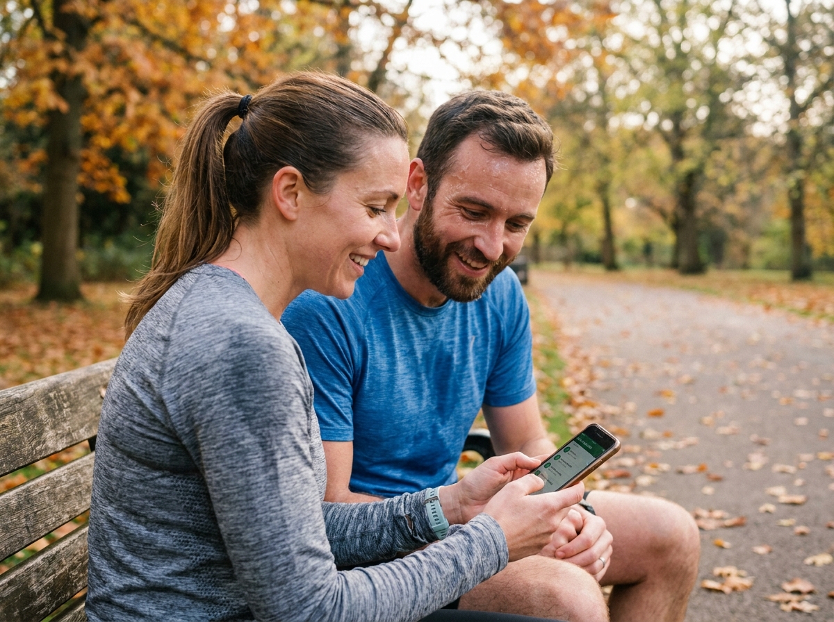 Deux amis sportifs en tenue de running comparant leurs plans d'entraînement sur un smartphone dans un parc automnal