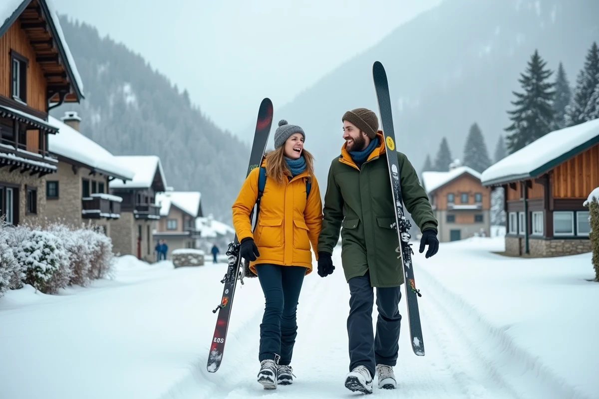 Deux amis portant des skis de location sur l'épaule en marchant dans une station de ski alpine enneigée
