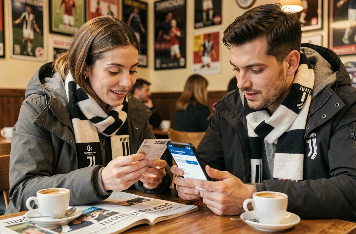 Deux supporters de la Juventus planifiant l'achat de billets pour la Ligue des champions 2026 dans un café de Turin