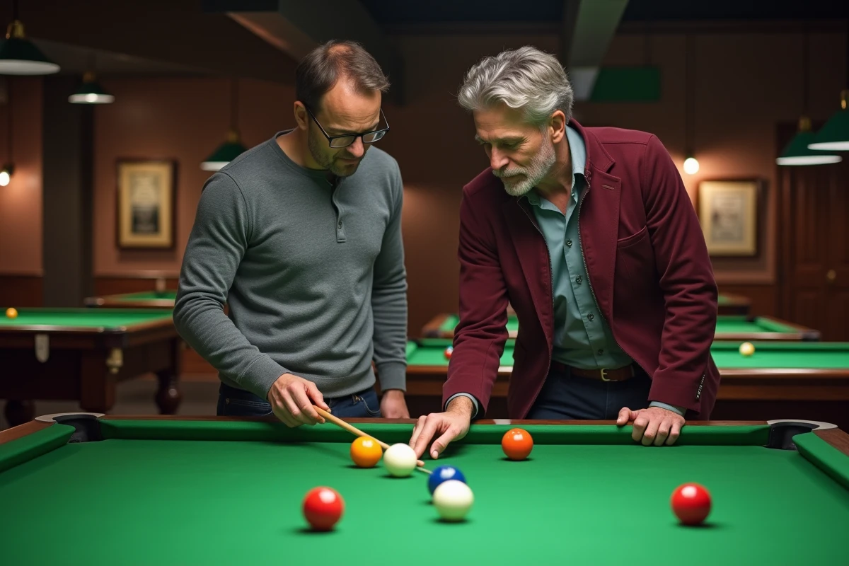 Deux joueurs de billard analysant ensemble les angles de rotation des billes sur un tapis vert dans une salle de billard professionnelle