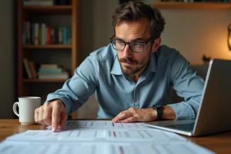Joueur de tournoi analysant la répartition des points P100 sur des documents et un ordinateur portable