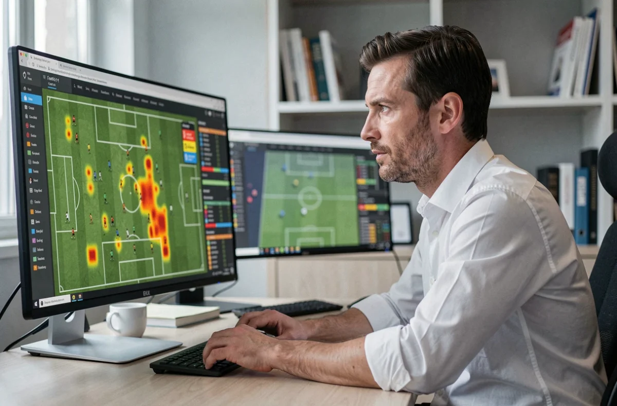 Analyste sportif masculin examinant des données de performance et des cartes thermiques de footballeurs sur un écran dans un bureau d'analyse, en lien avec l'analyse tactique des recrues visées par le FC Nantes en 2026