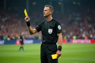 Arbitre de football tenant un carton jaune sur le terrain pendant un match de A-League australienne