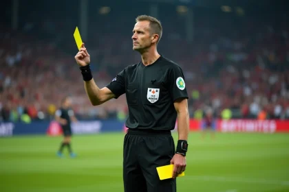 Arbitre de football tenant un carton jaune sur le terrain pendant un match de A-League australienne