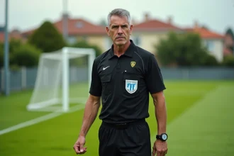 Arbitre homme en maillot noir calvados sur terrain