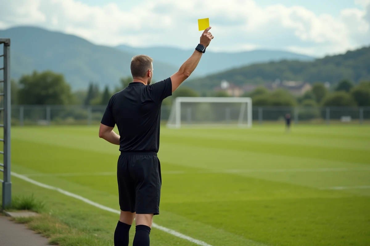 Arbitre de football en Haute-Saône brandissant un carton jaune lors d'un match de district
