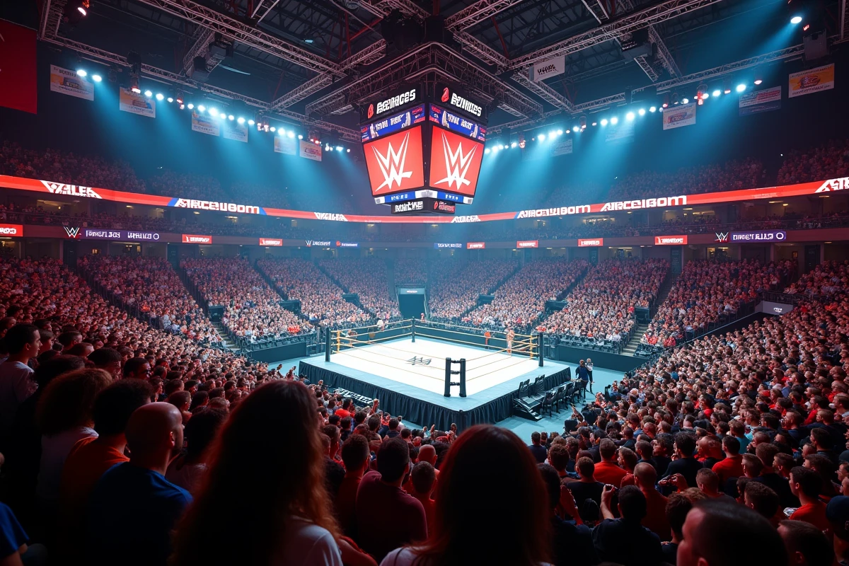 Vue panoramique d'une arène de catch remplie de spectateurs lors d'un événement TNA, illustrant l'impact populaire du partenariat avec la WWE