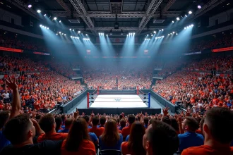 Vue panoramique d'une arène comble lors d'un événement WWE à Paris avec le ring au centre et des milliers de spectateurs enthousiastes