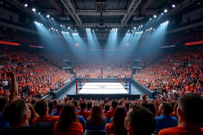 Vue panoramique d'une arène comble lors d'un événement WWE à Paris avec le ring au centre et des milliers de spectateurs enthousiastes