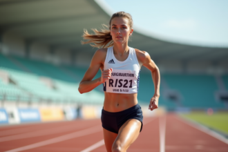 Jeune femme athlète en course sur piste extérieure