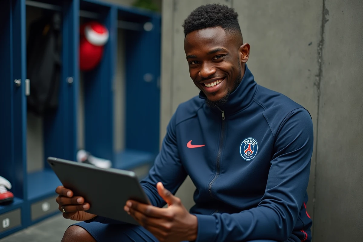 Jeune athlète PSG souriant dans le vestiaire après un match