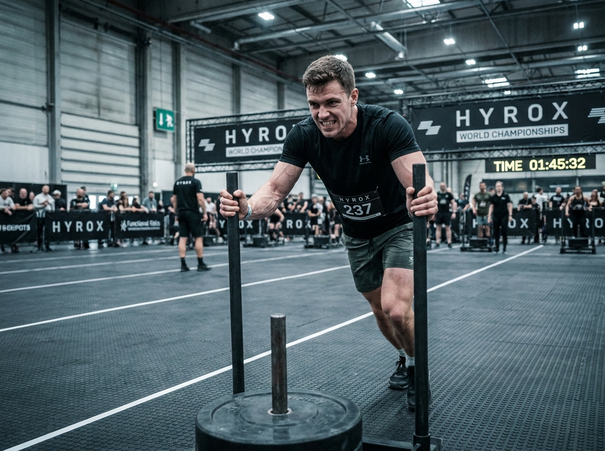 Athlète masculin poussant un traîneau lesté lors d'une compétition Hyrox en salle avec une expression d'effort intense