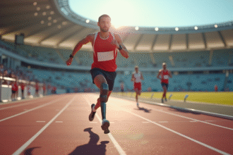 Athlète paralympique franchissant la ligne d'arrivée avec prothese en fibre de carbone