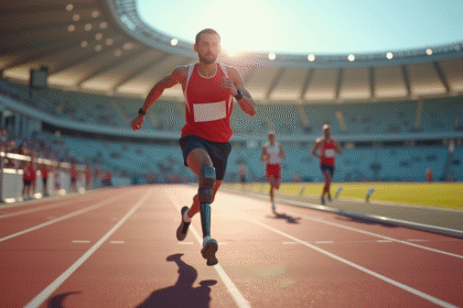 Athlète paralympique franchissant la ligne d'arrivée avec prothese en fibre de carbone
