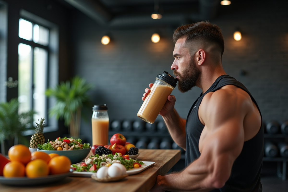 Muscle MMA buvant un shake protéiné dans une salle de sport