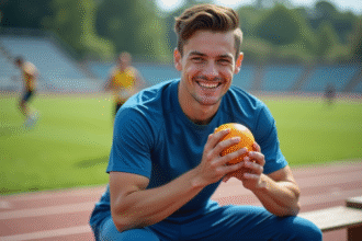 Jeune athlète souriant avec une orange en main