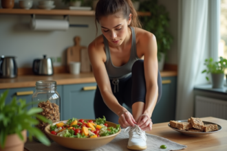 Jeune athlète en pleine préparation de ses chaussures avec salade et barres énergétiques