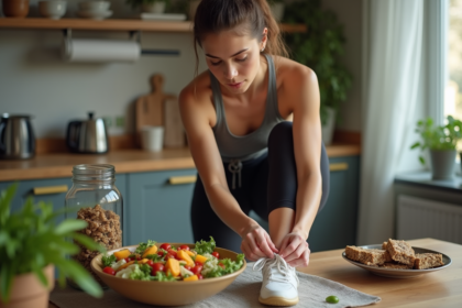 Jeune athlète en pleine préparation de ses chaussures avec salade et barres énergétiques