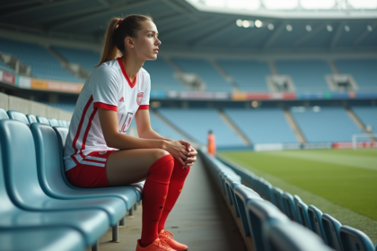 Jeune sportive assise sur un banc de stade avant un match