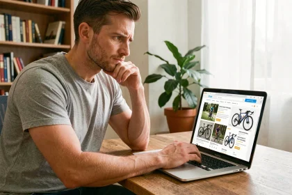 Homme consultant des avis clients sur un site de vente de vélos en ligne depuis son bureau à domicile