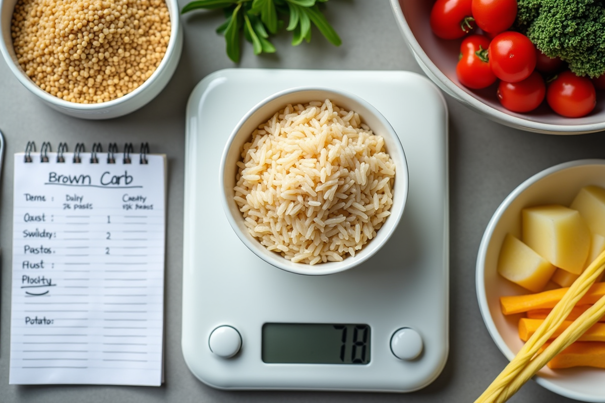 Balance de cuisine avec riz brun légumes et recommandations