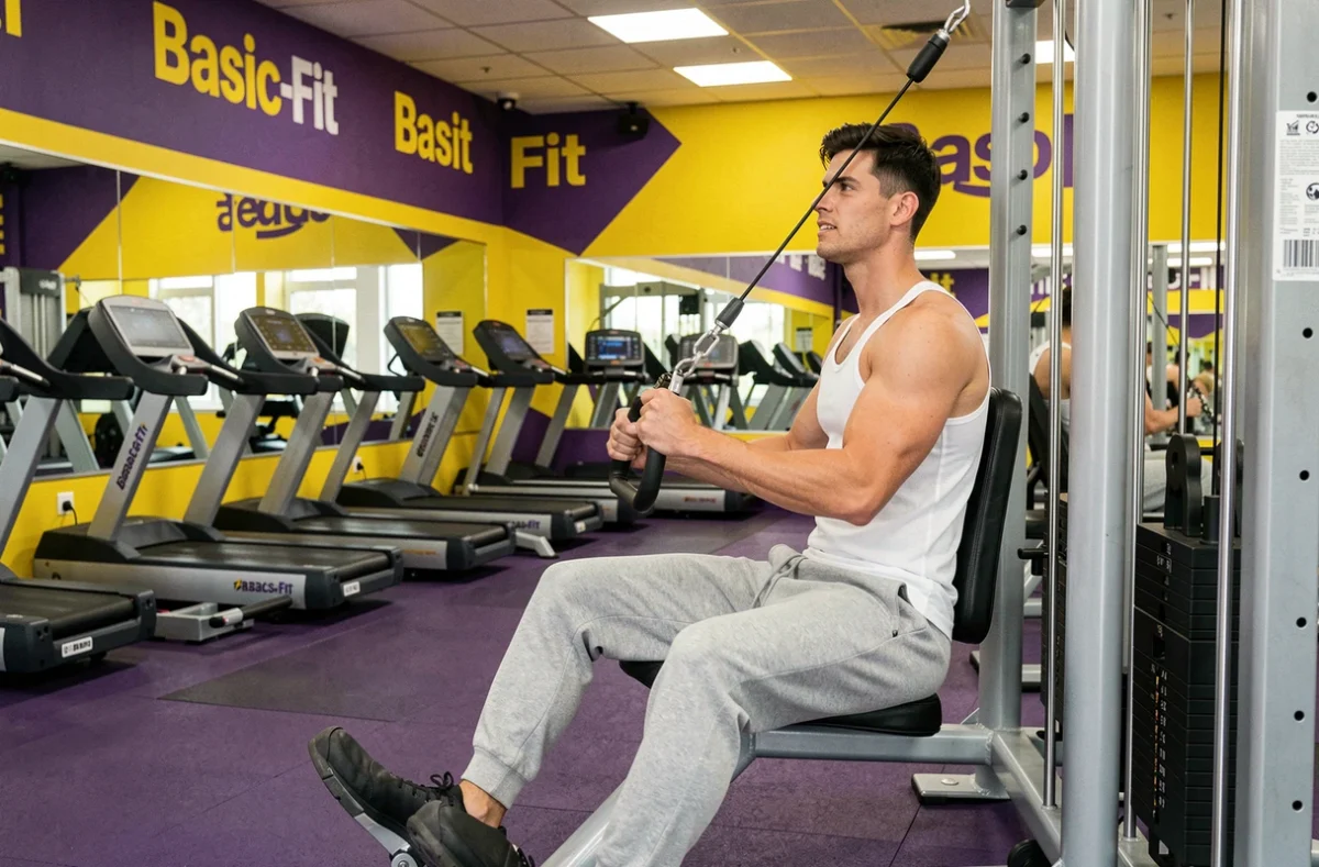 Homme s'entraînant sur une machine à câbles dans la salle Basic-Fit de la rue Jean Jaurès à Brest