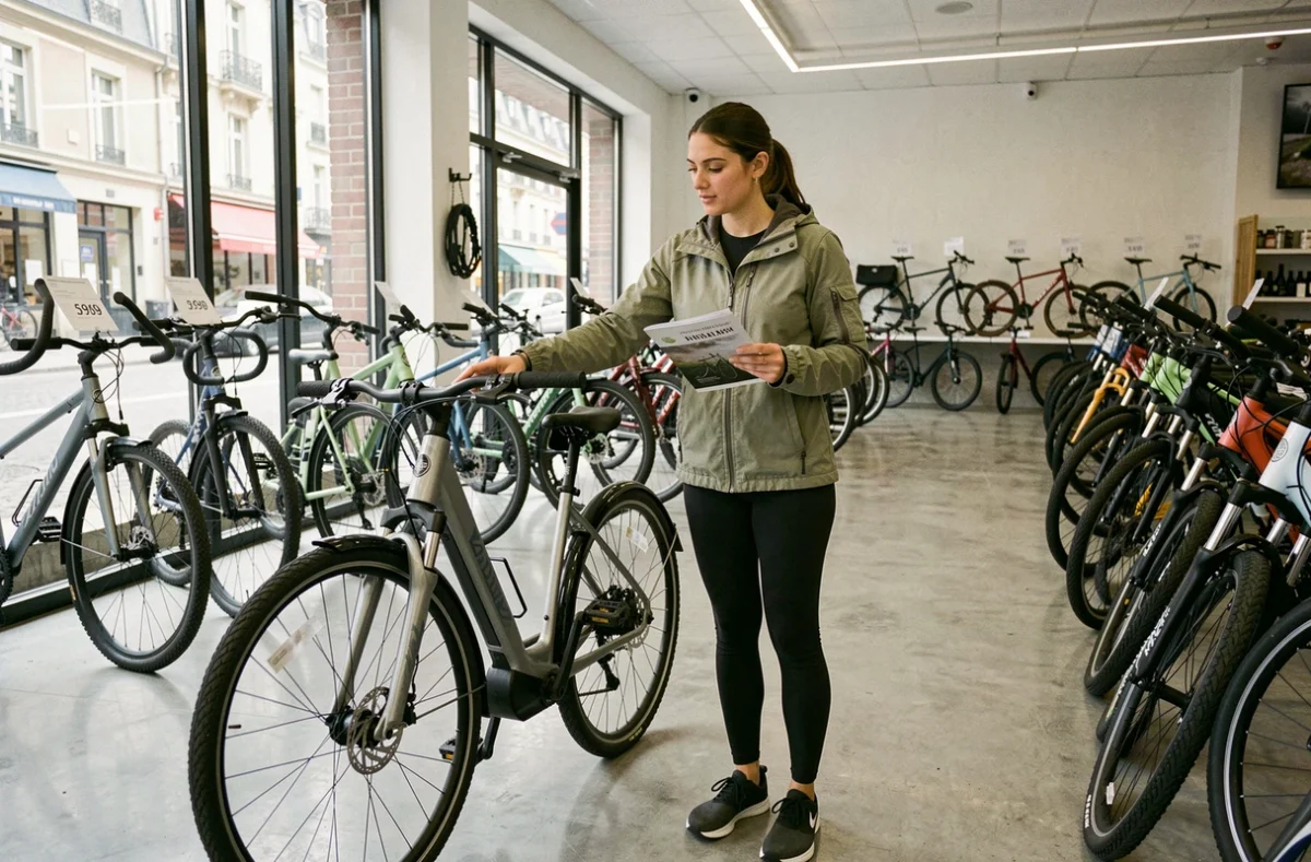 Cliente choisissant un vélo hybride dans un grand magasin spécialisé en Centre-Val de Loire