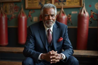 Homme africain âgé en costume dans un gymnase de boxe ancien