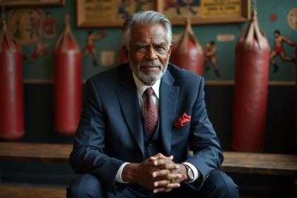 Homme africain âgé en costume dans un gymnase de boxe ancien