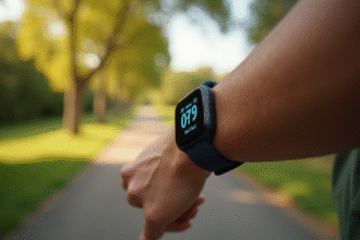 Montre connectée de fitness sur poignet avec pas affichés