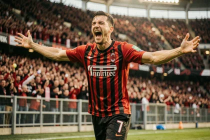 Joueur du Milan AC célébrant un but lors du derby milanais dans un stade plein à craquer