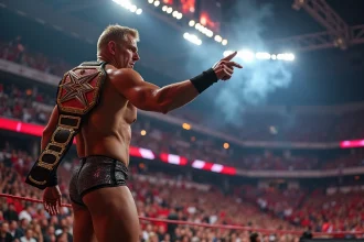 Catcheur professionnel de la WWE tenant sa ceinture de championnat à l'entrée de la rampe lors d'un Saturday Night Main Event