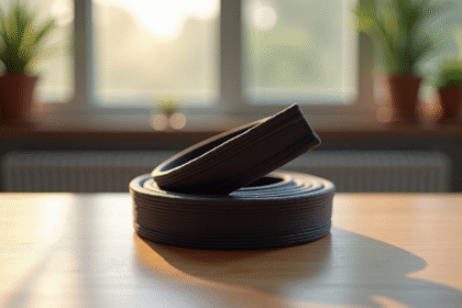 Ceinture de Brazilian JiuJitsu neuve enroulée sur une table en bois