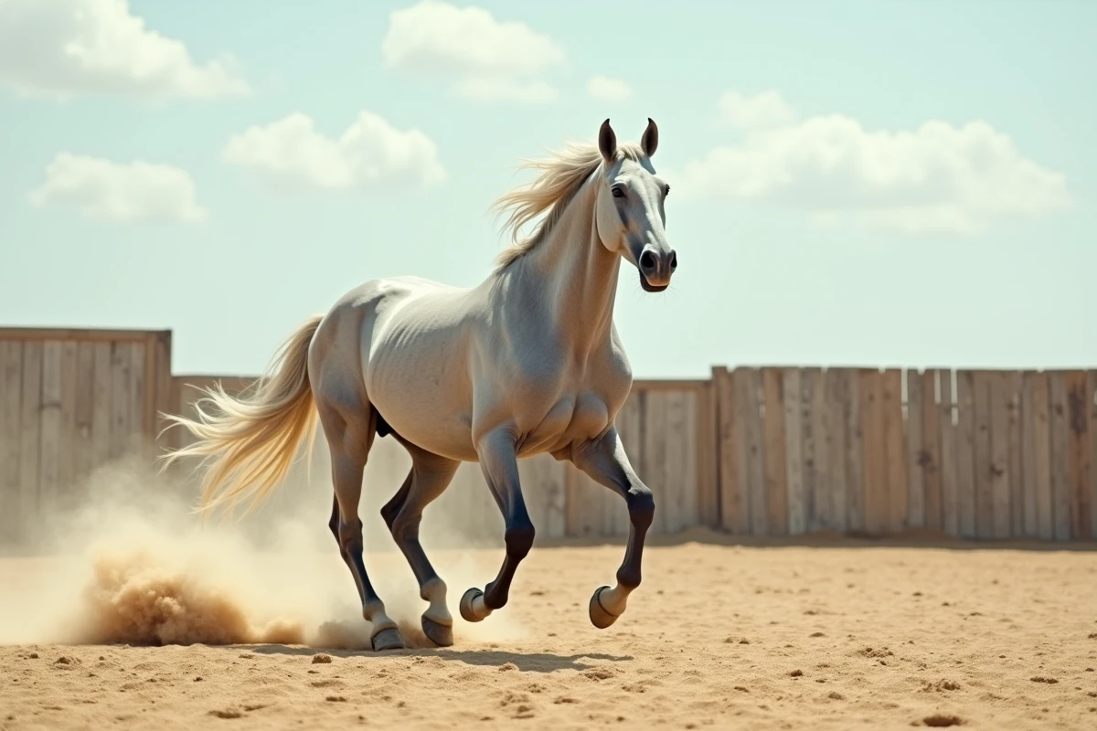 Cheval arabe gris au galop dans un paddock sablonneux, crinière au vent