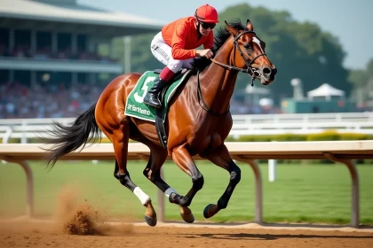 Cheval de course alezan au galop sur une piste en terre battue avec jockey en tenue de course
