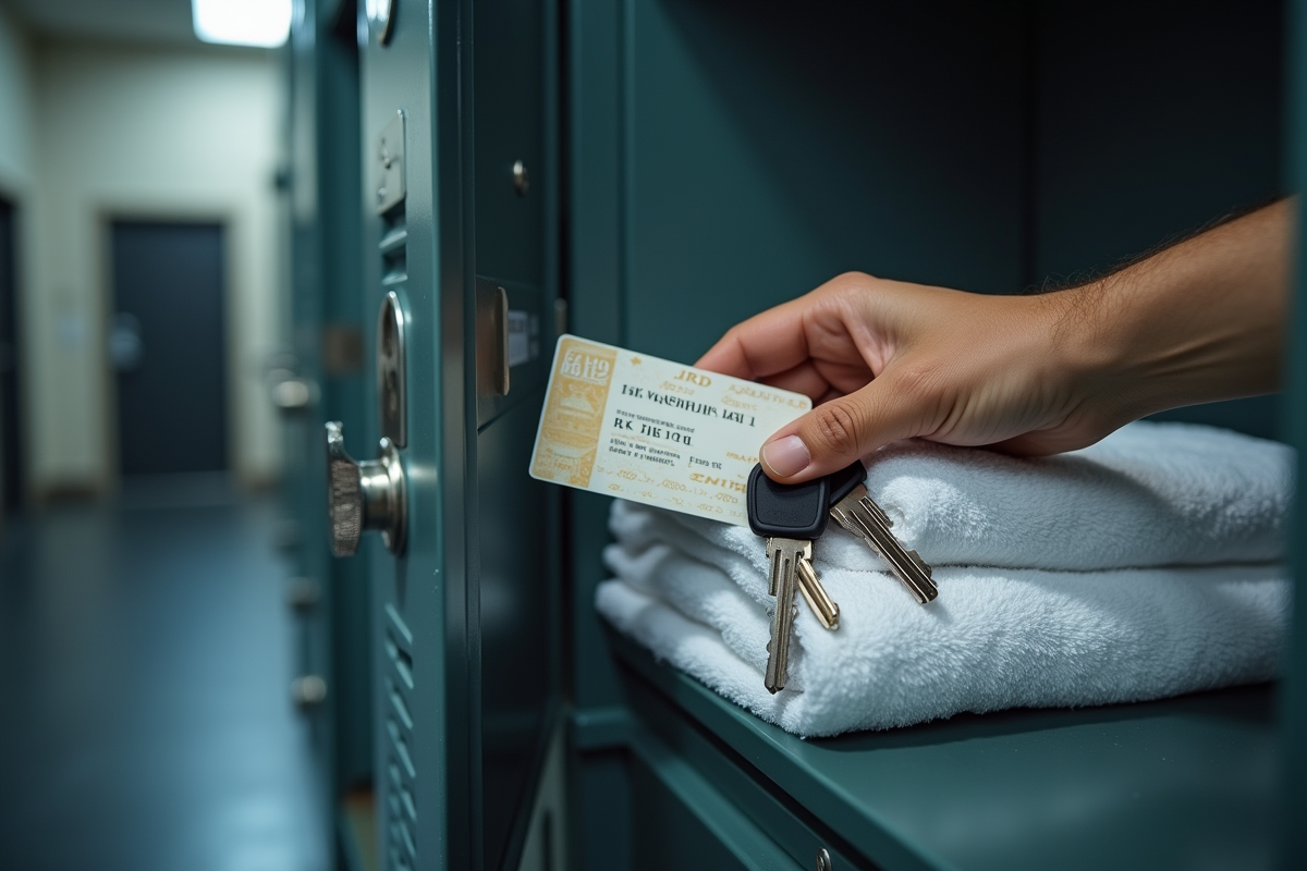 Main déposant clés et carte dans un casier de gym propre