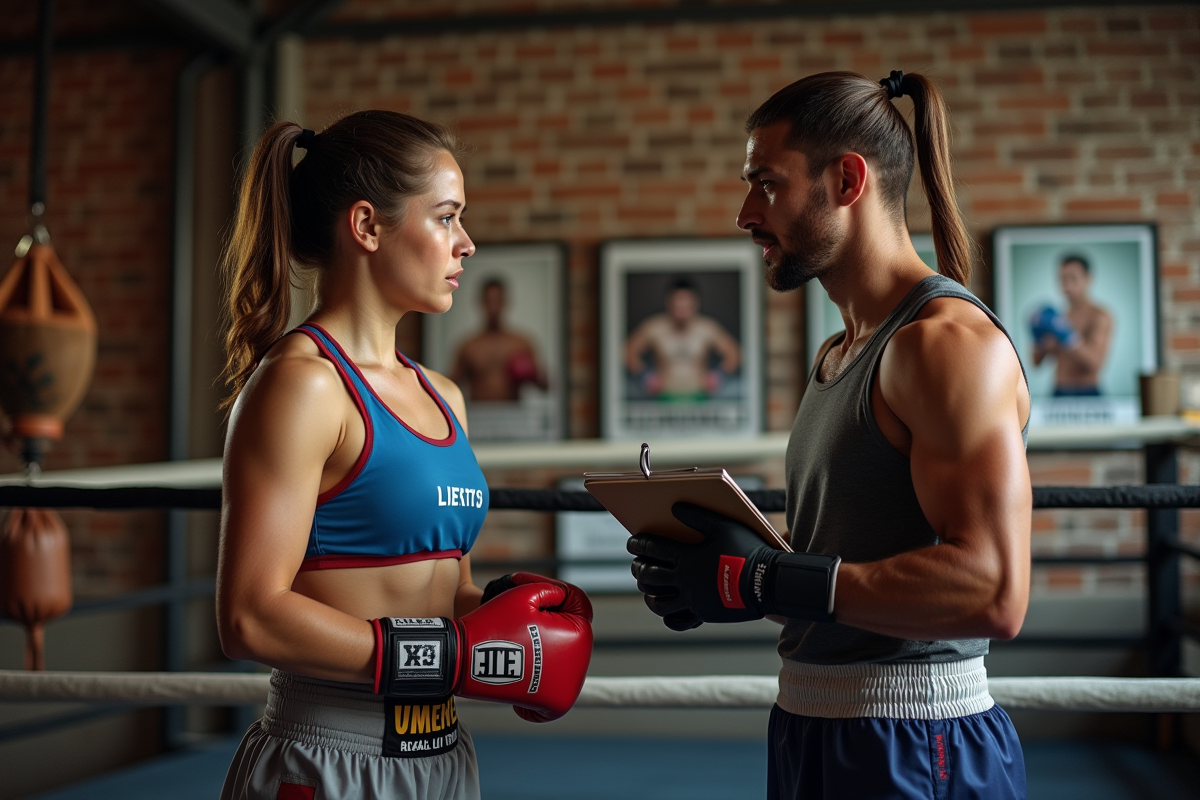 Une jeune boxeuse et son coach discutent après l