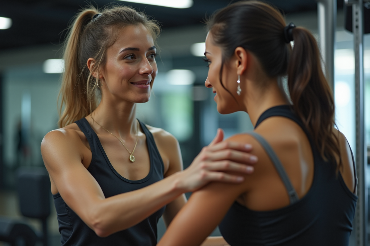 Entraîneuse guidant une femme avec équipement de gym