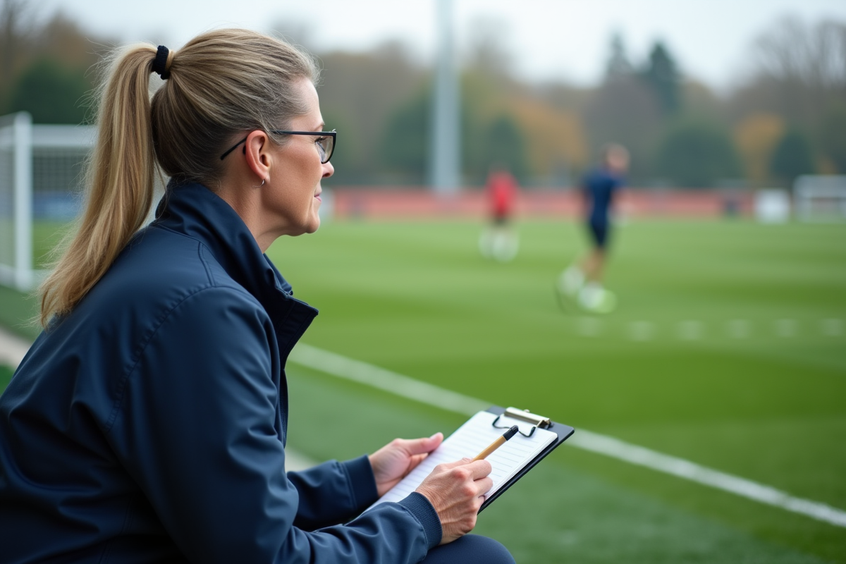 Entraineuse observant un entraînement en extérieur sur le terrain