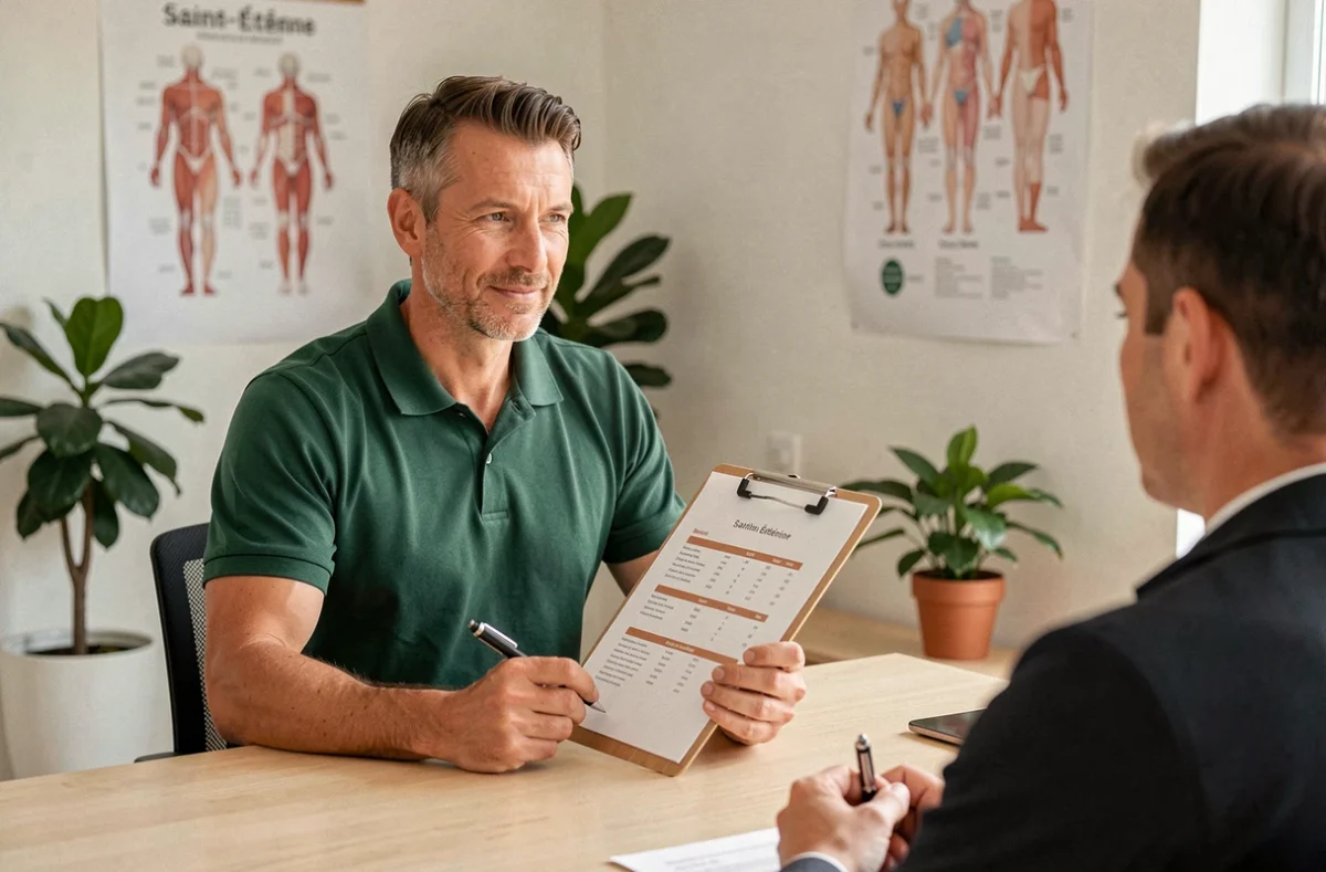 Coach sportif et nutritionnel de Coaching Mania en consultation avec un client à Saint-Étienne