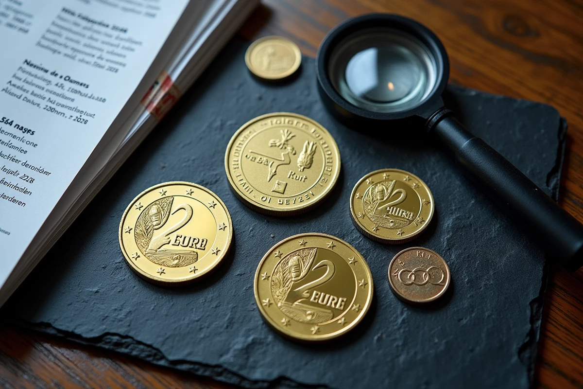 Vue du dessus de pièces de 2 euros JO 2026 avec loupe et catalogue numismatique sur ardoise sombre