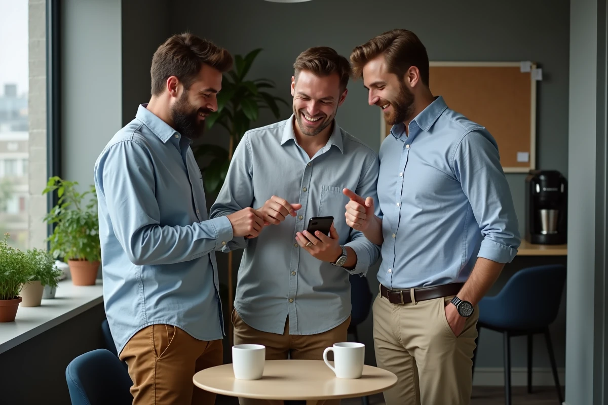 Trois collègues masculins dans une salle de pause discutant des noms d'équipe sur un téléphone pour un challenge sportif professionnel